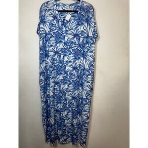 Tommy Bahama Midi Dress Blue White V-Neck Floral Pullover Short Sleeve Sz L/XL